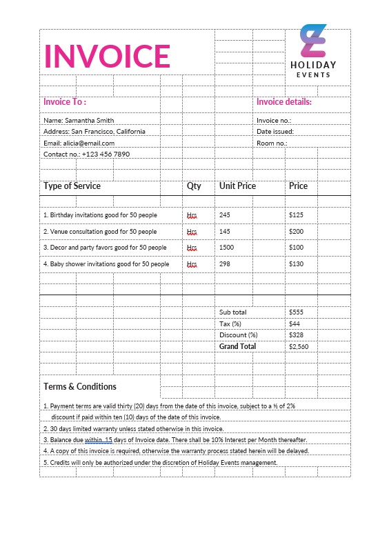 Event Planner Invoice Template PSD template